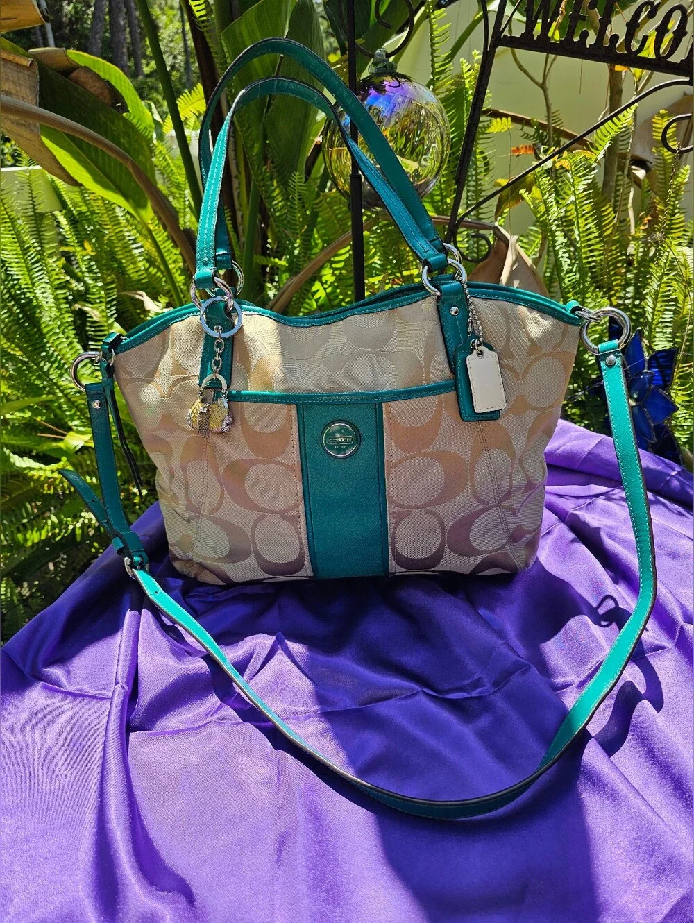 Coach Signature Sateen Teal Patent Leather Satchel Crossbody Bag